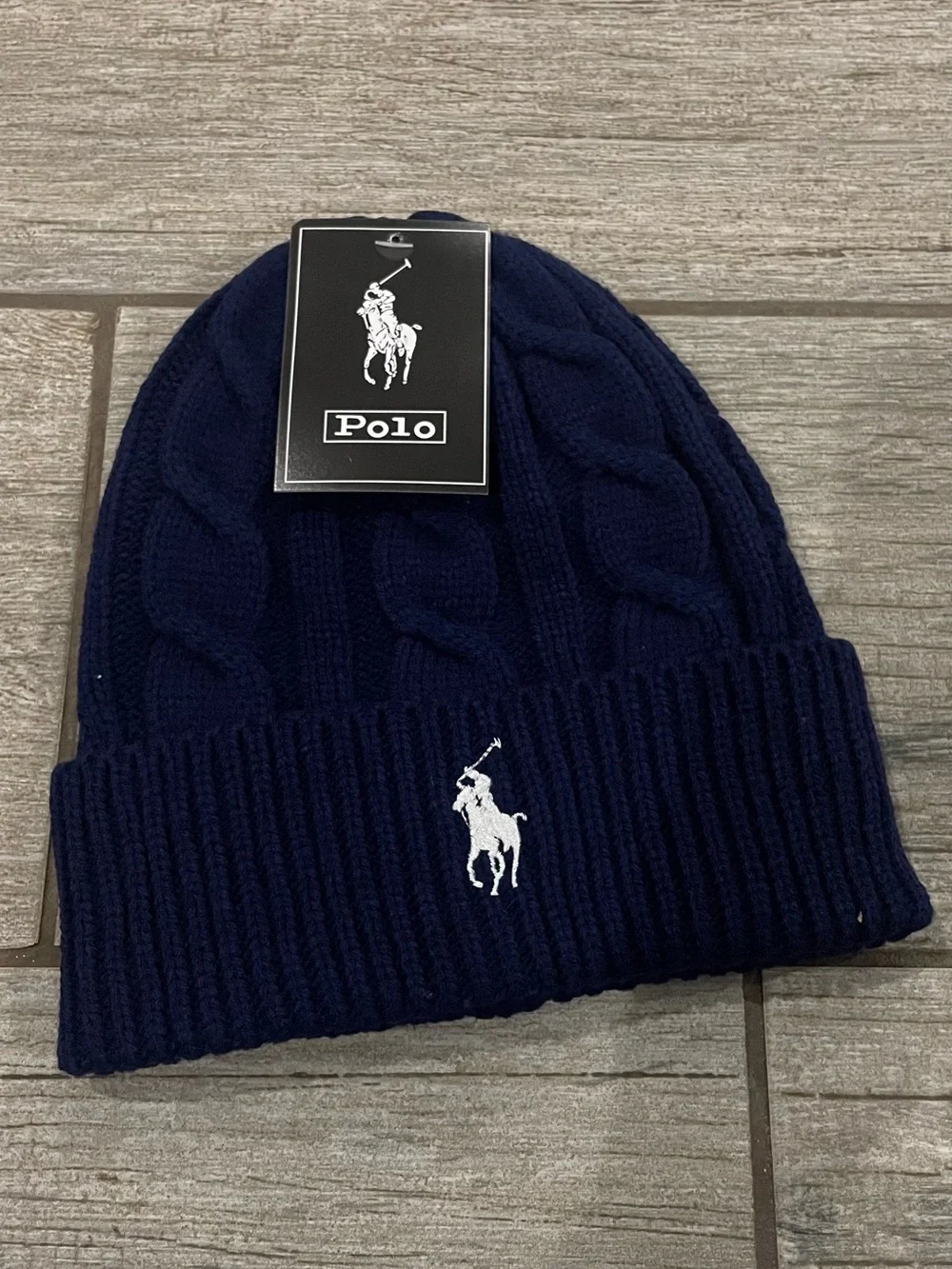 Polo by Ralph Lauren Navy Cable Knit Beanie with White Polo Logo